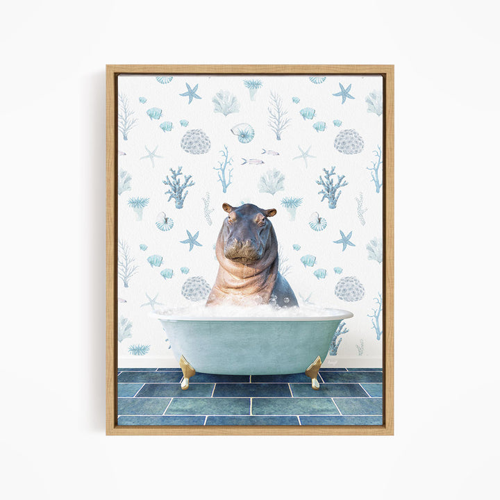 A framed print depicting a hippopotamus sitting in a bathtub filled with water, surrounded by various marine life and plants.
