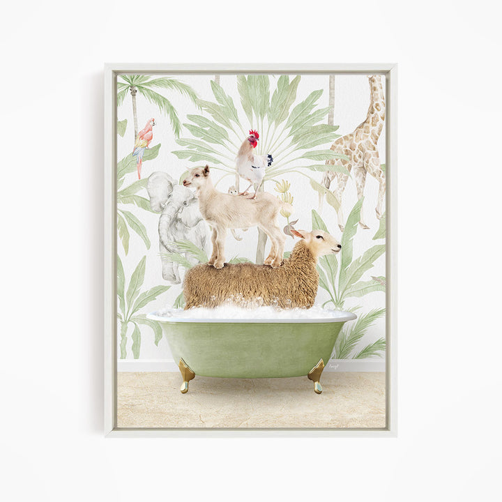 A collage of various animals, including a giraffe, parrot, elephant, and sheep, all sitting or standing on a green bathtub against a tropical background.