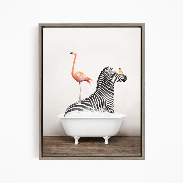 A zebra is sitting in a white bathtub, with a pink flamingo standing on its back legs and a yellow bird perched on its head.