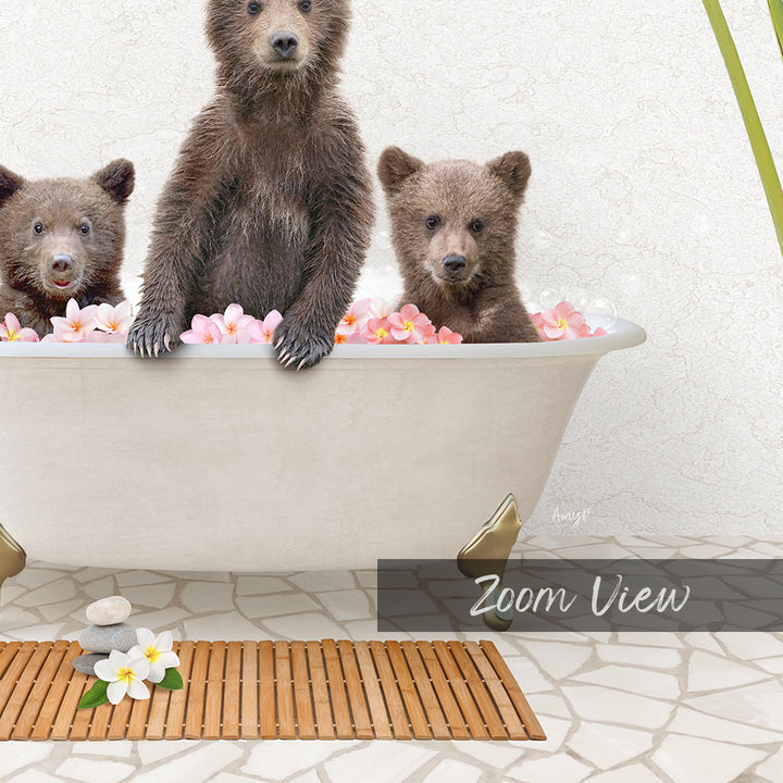 A group of three adorable brown bears sitting in a white bathtub filled with pink flowers, creating a whimsical and charming scene.