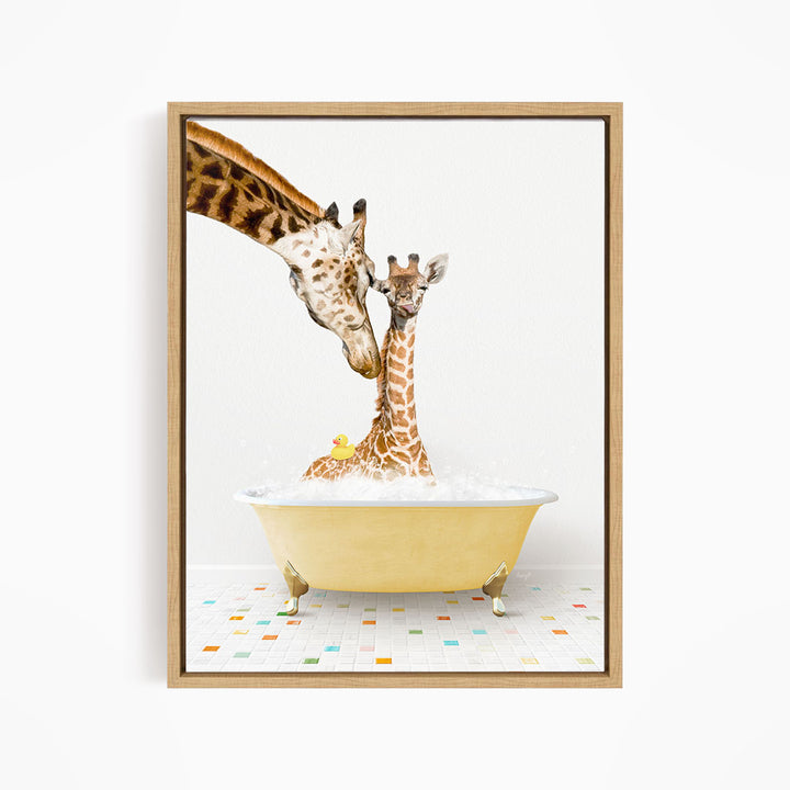 A mother giraffe and her baby giraffe are enjoying a bath together in a yellow tub, surrounded by colorful tiles on the floor.