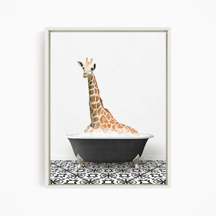 A giraffe sitting in a bathtub filled with water, surrounded by a black and white patterned floor.