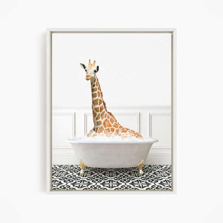 A giraffe sitting in a white bathtub filled with bubbles, creating a whimsical and playful scene.