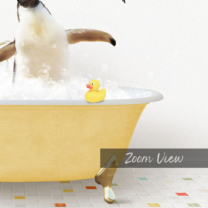 A yellow bathtub filled with bubbles, with a rubber duck sitting inside.