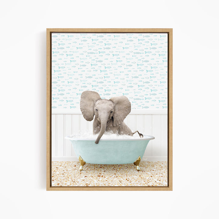 A baby elephant sitting in a blue bathtub filled with water, surrounded by a patterned wall and a tiled floor.