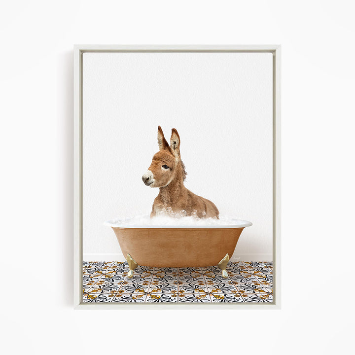 A donkey is sitting in a bathtub filled with water, surrounded by a patterned tile floor.