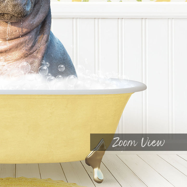 A close-up of a yellow bathtub filled with bubbles, with a dog's head partially submerged in the water.