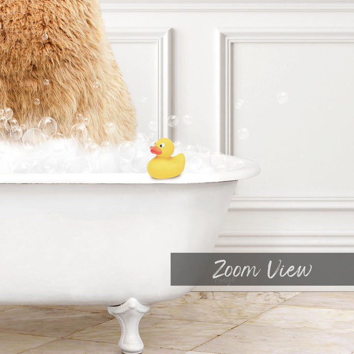 A white bathtub filled with bubbles, with a yellow rubber duck sitting in the water.