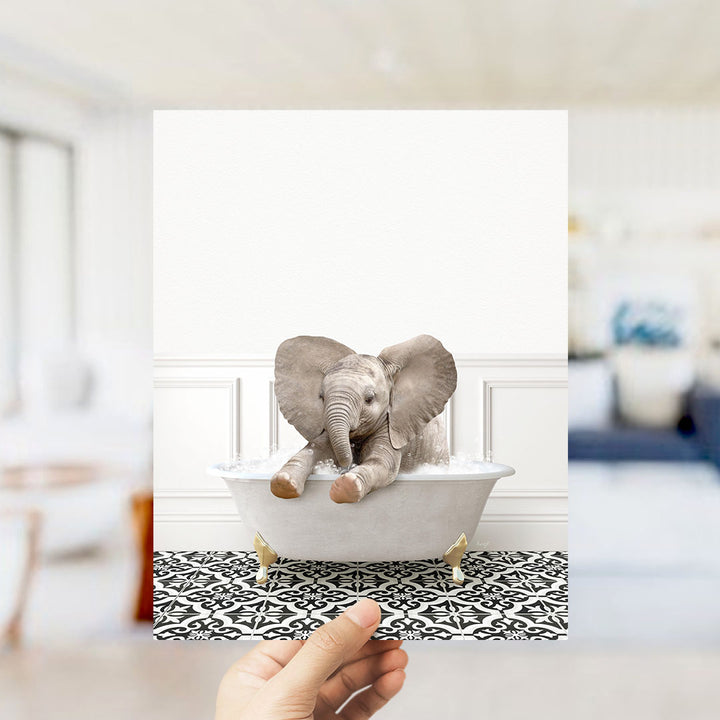 A small elephant sitting in a bathtub filled with water, surrounded by a patterned floor.