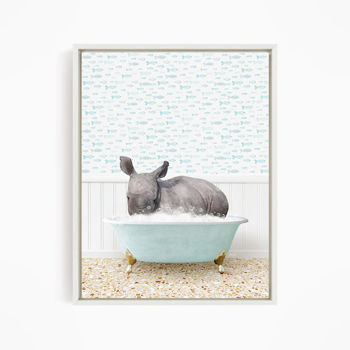 A rhinoceros is sitting in a light blue bathtub filled with water, surrounded by a pattern of small fish.