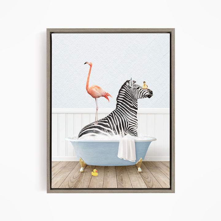 A zebra is sitting in a bathtub, surrounded by a pink flamingo and a yellow rubber duck, creating a whimsical and playful scene.