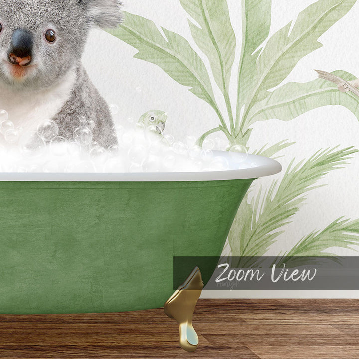 A koala sitting in a green bathtub filled with bubbles, with a palm tree and bird in the background.