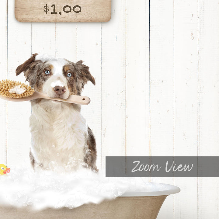 A dog sitting in a bathtub, holding a brush in its mouth, with a sign above the bathtub displaying "$1.00".