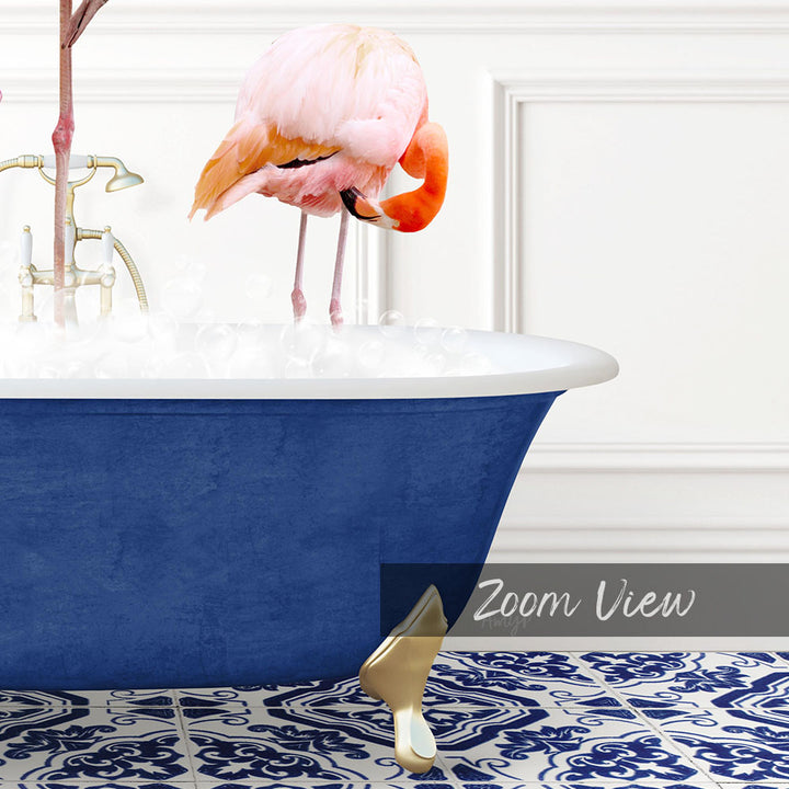 A pink flamingo standing in a blue bathtub filled with water, with a white wall and a decorative tile pattern in the background.