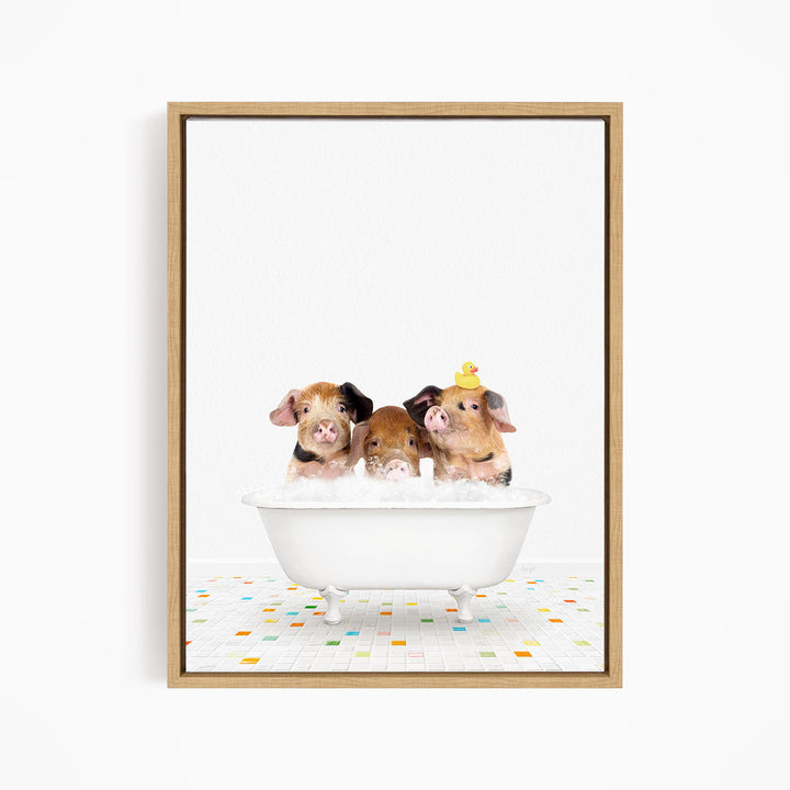 Three adorable pigs sitting in a white bathtub, each with a yellow rubber duck on their heads, creating a playful and whimsical scene.