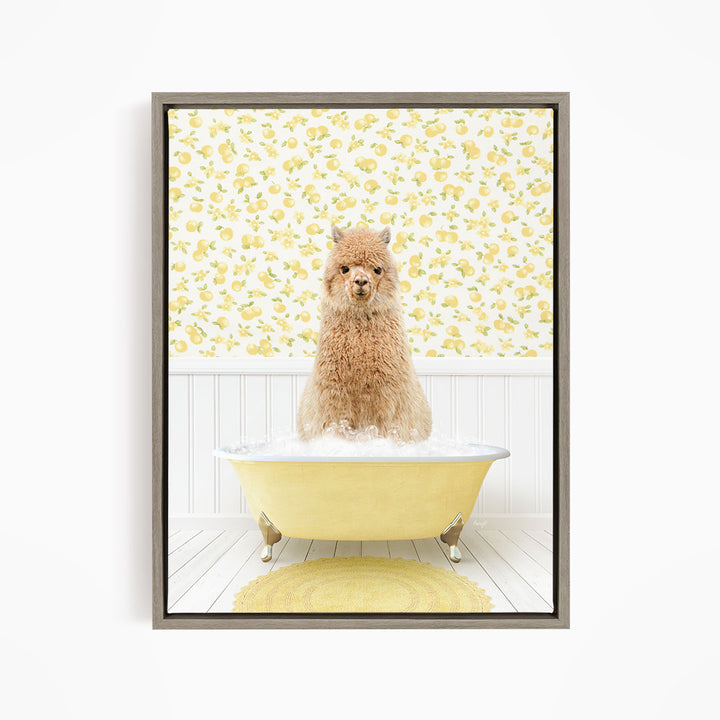 A fluffy brown dog sitting in a yellow bathtub filled with bubbles, surrounded by a yellow floral patterned wall.