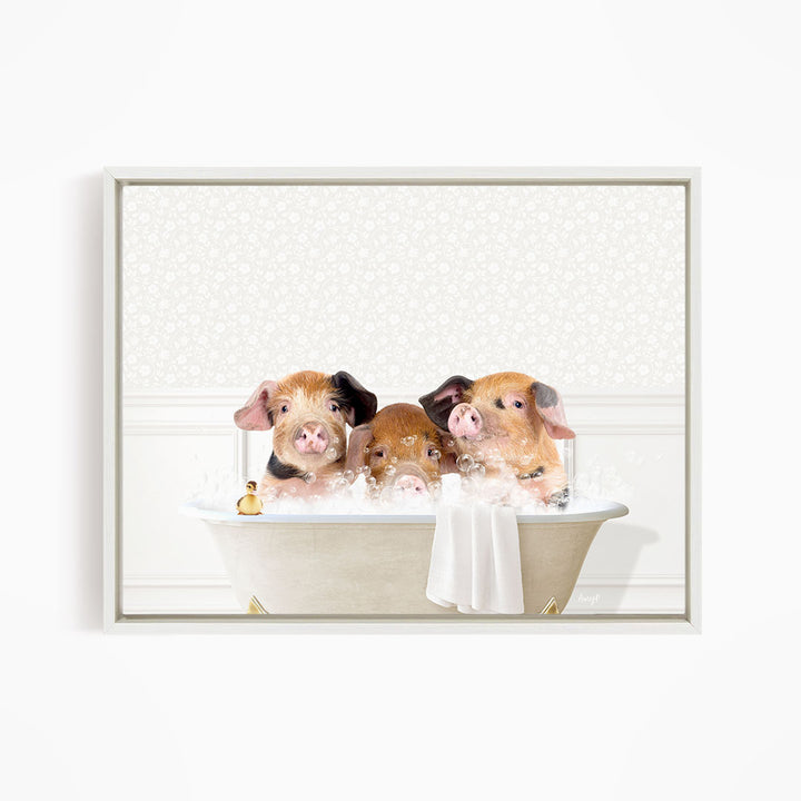 Three adorable pigs sitting in a bathtub, enjoying a relaxing bath together.