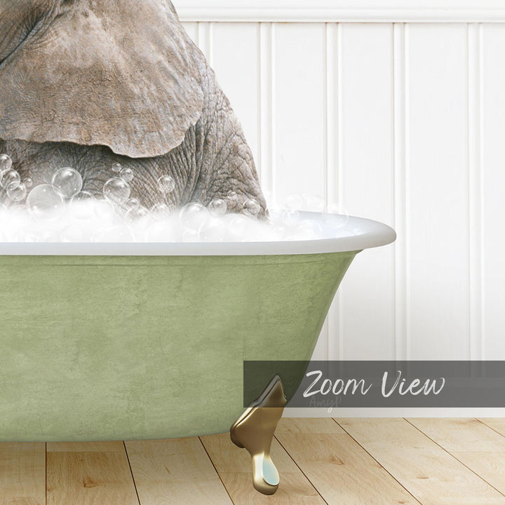 A large elephant is sitting in a green bathtub filled with bubbles, creating a whimsical and playful scene.