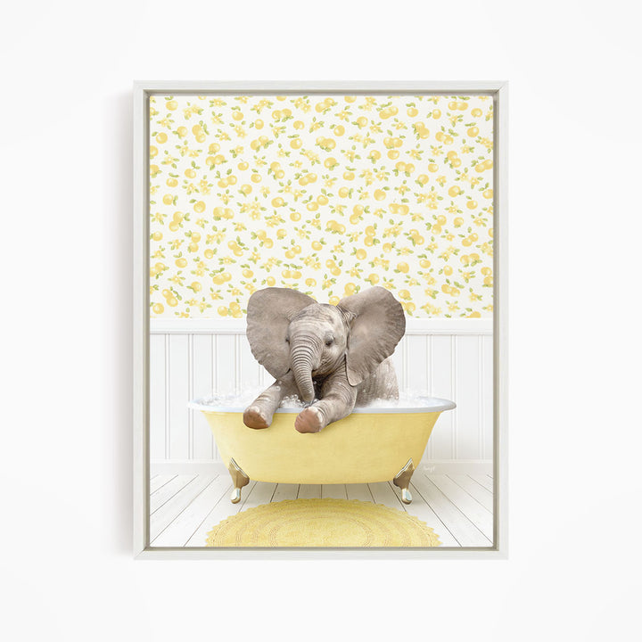 A baby elephant sitting in a yellow bathtub, surrounded by a yellow floral wallpaper.
