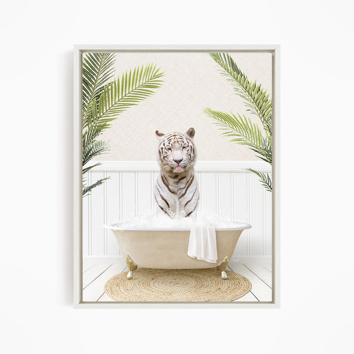 A white tiger sitting in a bathtub filled with water, surrounded by green palm leaves.