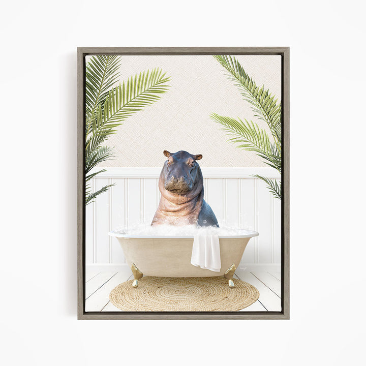 A framed image depicting a hippopotamus sitting in a bathtub filled with water, surrounded by palm leaves.