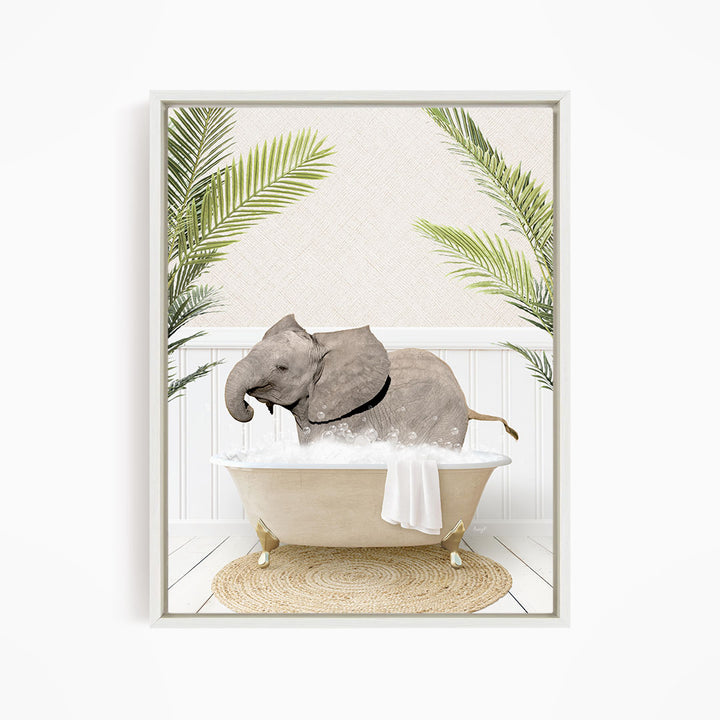 A gray elephant is sitting in a white bathtub filled with water, surrounded by green palm leaves.