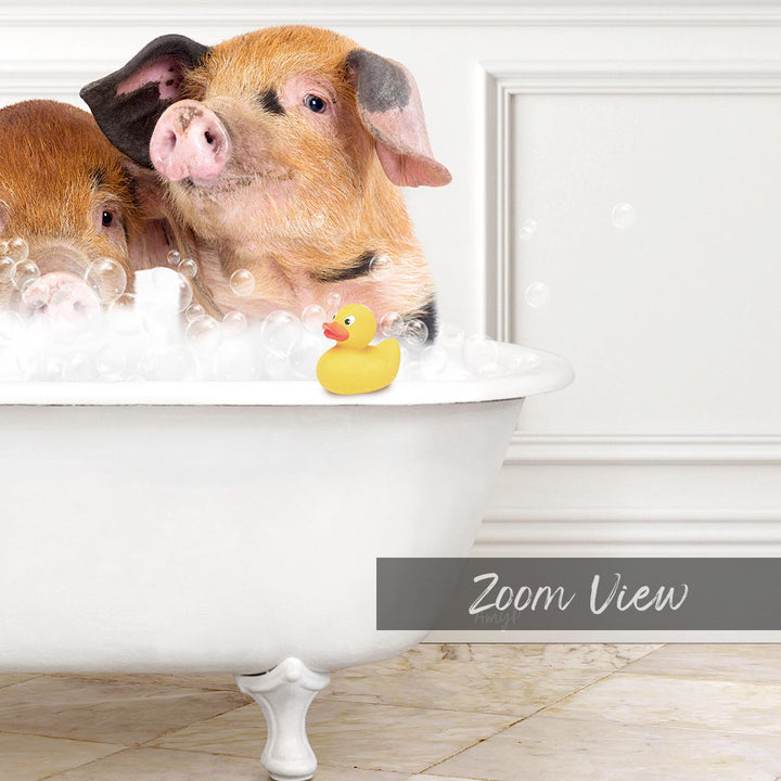 A white bathtub filled with bubbles, with two adorable pigs sitting in it and a yellow rubber duck floating nearby.