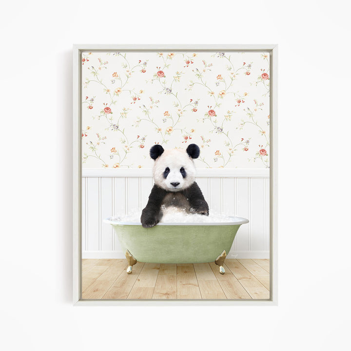A panda bear sitting in a green bathtub, surrounded by a floral wallpaper.