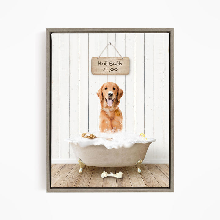 A golden retriever dog sitting in a bathtub filled with bubbles, with a sign above the tub indicating a hot bath for $1.00.