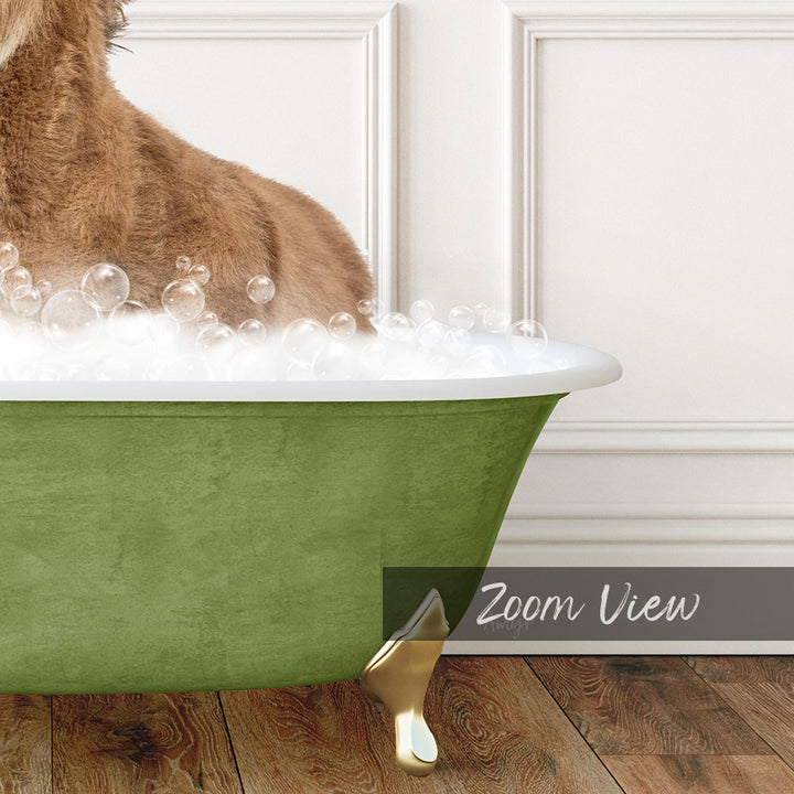 A brown dog is sitting in a green bathtub filled with bubbles, with a white wall in the background.