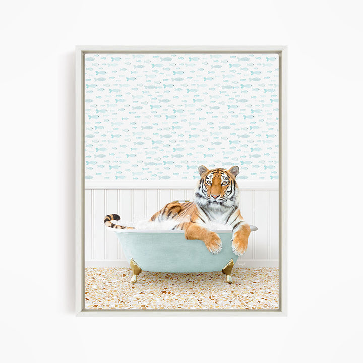 A tiger is sitting in a bathtub filled with water, surrounded by a pattern of fish.