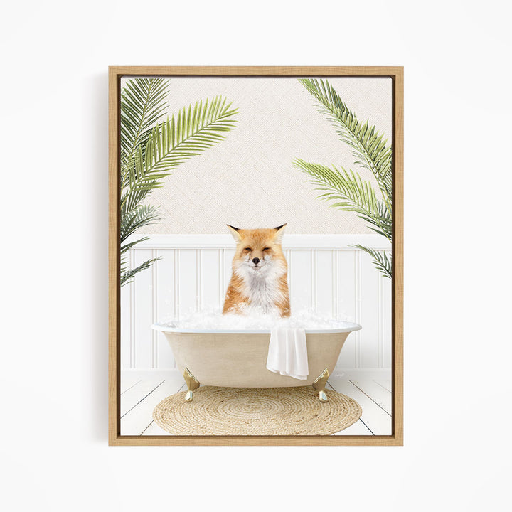 A fox is sitting in a bathtub filled with water, surrounded by green plants.