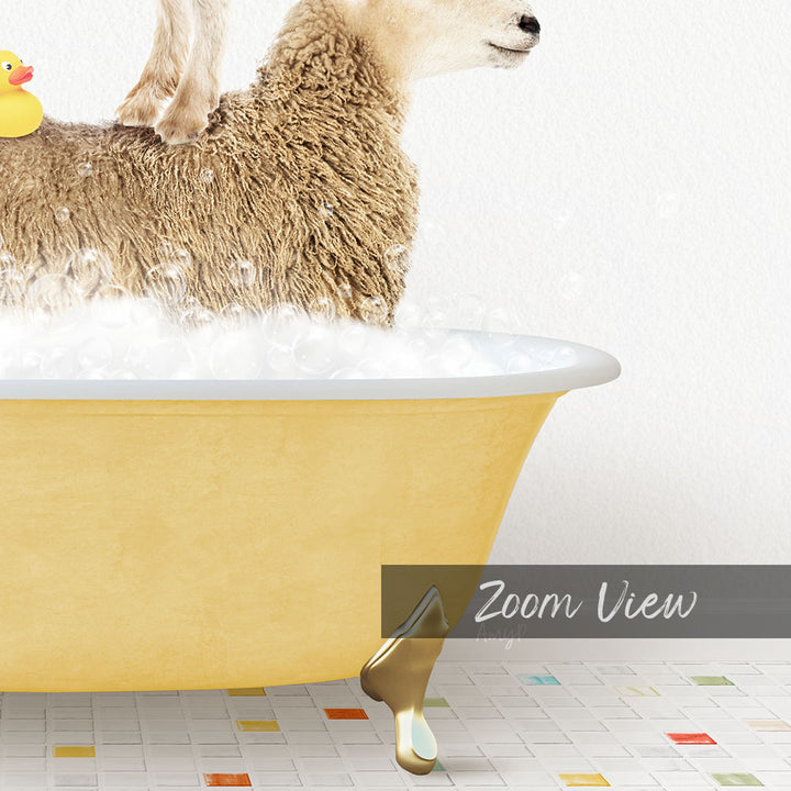 A yellow bathtub filled with bubbles, with a brown sheep standing inside and a rubber duck floating on the water.