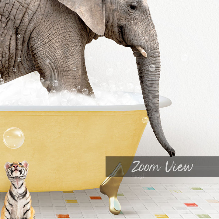 A large elephant is taking a bath in a yellow tub, surrounded by bubbles, while a small cat and a tiger are watching from the side.