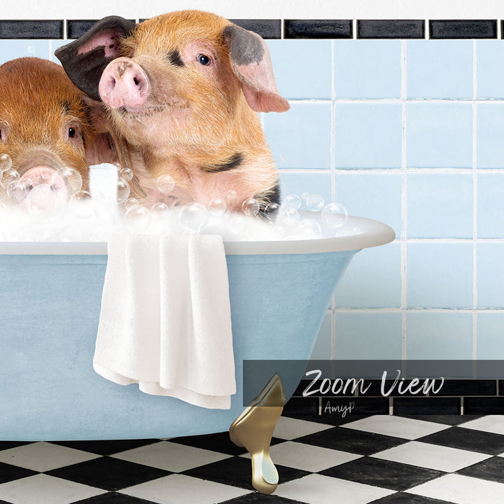 Two adorable pigs sitting in a blue bathtub filled with bubbles, with a black and white checkered floor in the background.