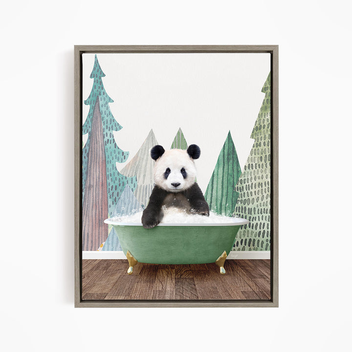 A panda bear sitting in a green bathtub, surrounded by a forest scene with trees and a snowy landscape.