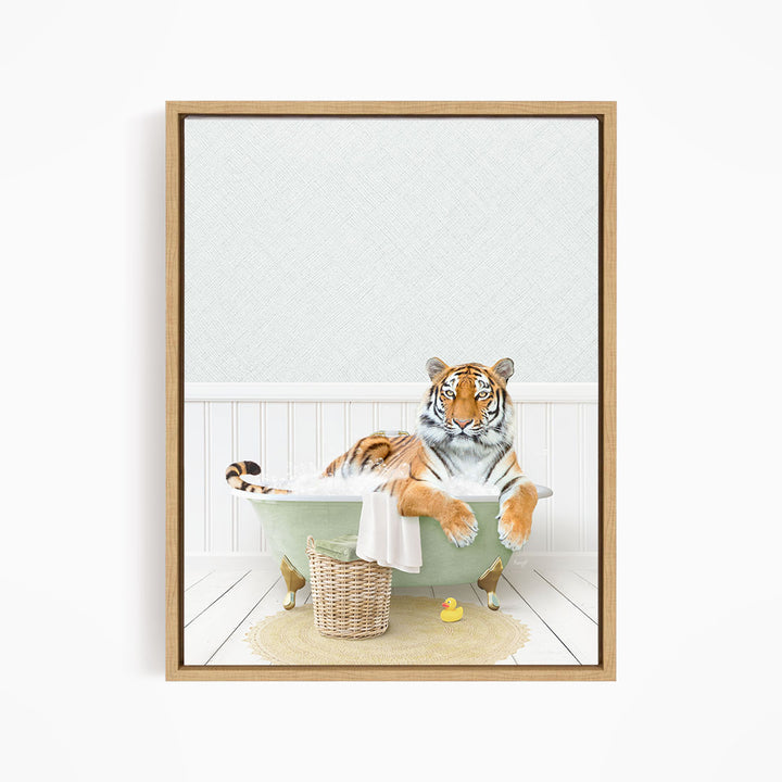 A tiger is sitting in a green bathtub, surrounded by a basket of toys and a yellow rubber duck, creating a whimsical and playful scene.