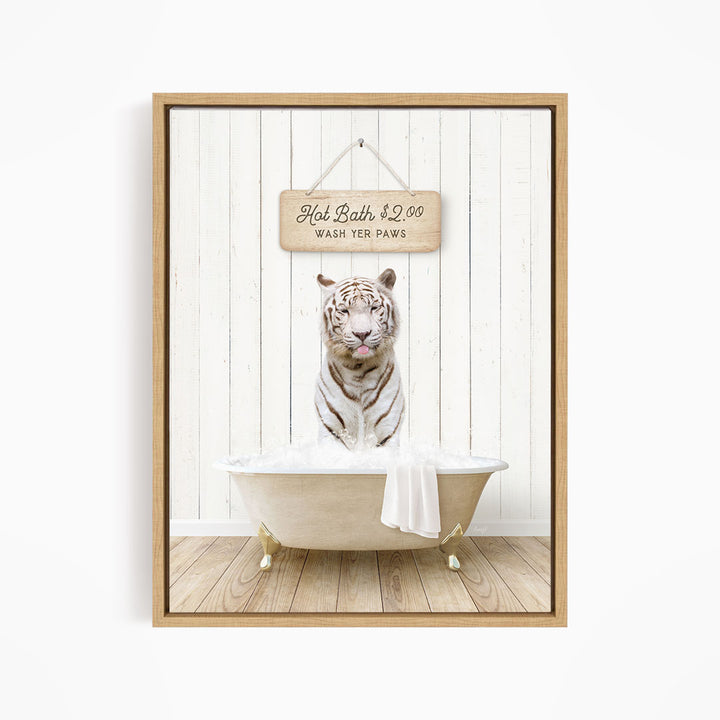 A white tiger sitting in a bathtub, with a sign above it that reads "Hot Bath $2.00 WASH YET Paws".