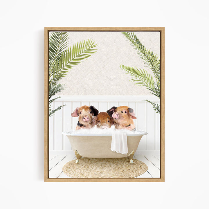 Three adorable pigs sitting in a white bathtub, surrounded by green palm leaves, creating a whimsical and playful scene.