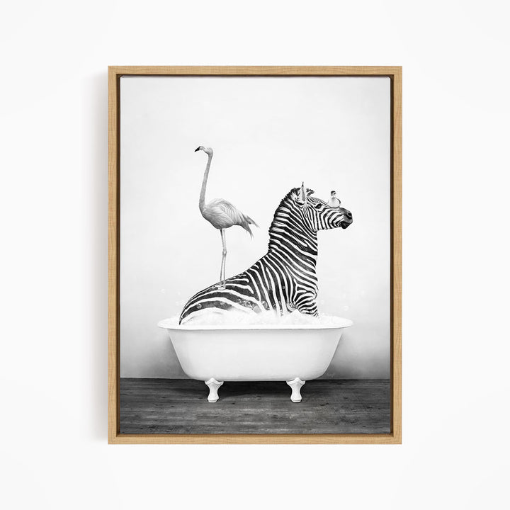 A zebra is sitting in a bathtub, with a flamingo standing on its back legs and a bird perched on its head.