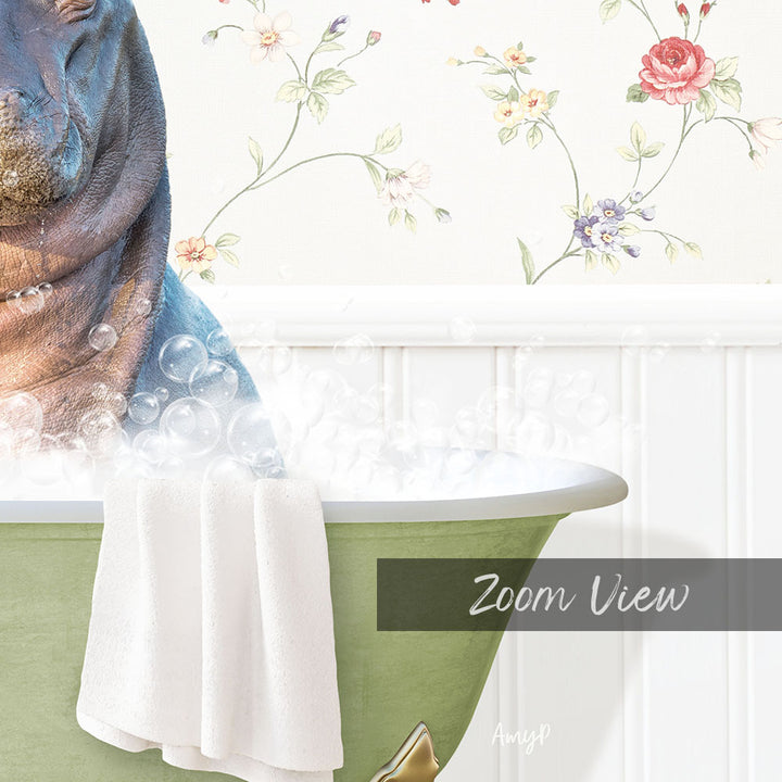 A close-up of a hippopotamus sitting in a bathtub filled with bubbles, with a floral wallpaper in the background.