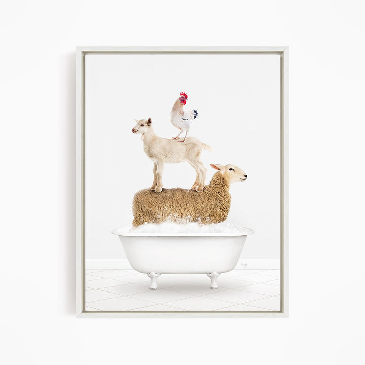 A white bathtub filled with water, containing a goat, a chicken, and a sheep.