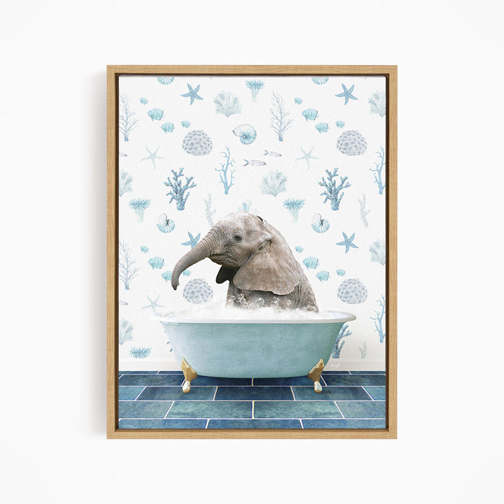 A baby elephant sitting in a blue bathtub filled with water, surrounded by a pattern of seashells, starfish, and other marine life.