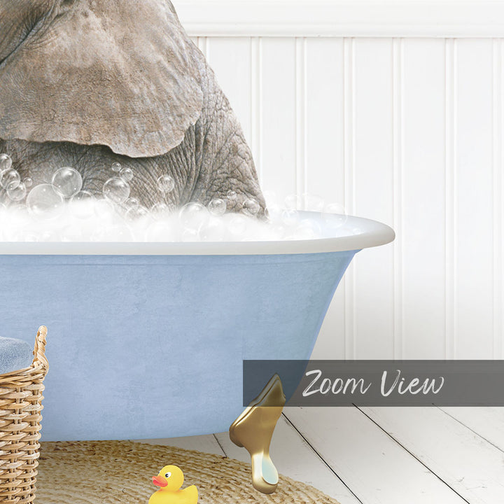 A large gray elephant is taking a bath in a blue tub, surrounded by bubbles and toys, with a "Zoom View" label in the bottom right corner.