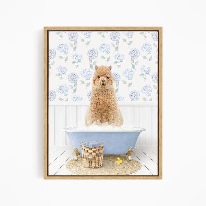 A fluffy brown dog sitting in a blue bathtub filled with bubbles, surrounded by a wicker basket and rubber duckies.