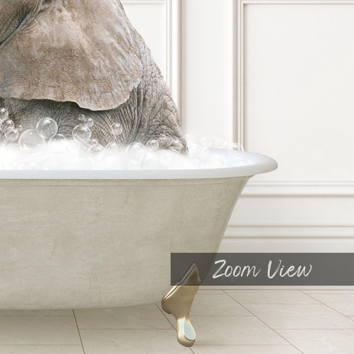 A large elephant is taking a bath in a white bathtub, surrounded by bubbles.