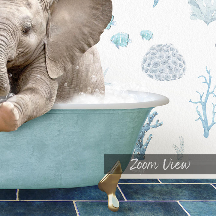 A baby elephant sitting in a blue bathtub, surrounded by bubbles and a coral-themed wallpaper.