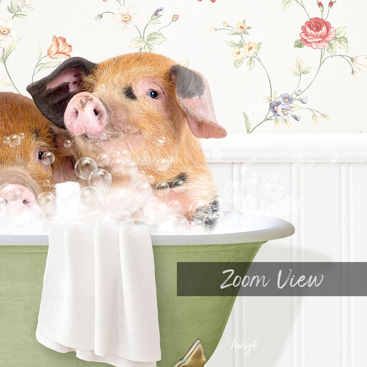 A pair of adorable pigs enjoying a relaxing bath in a green tub, surrounded by bubbles and a floral wallpaper.