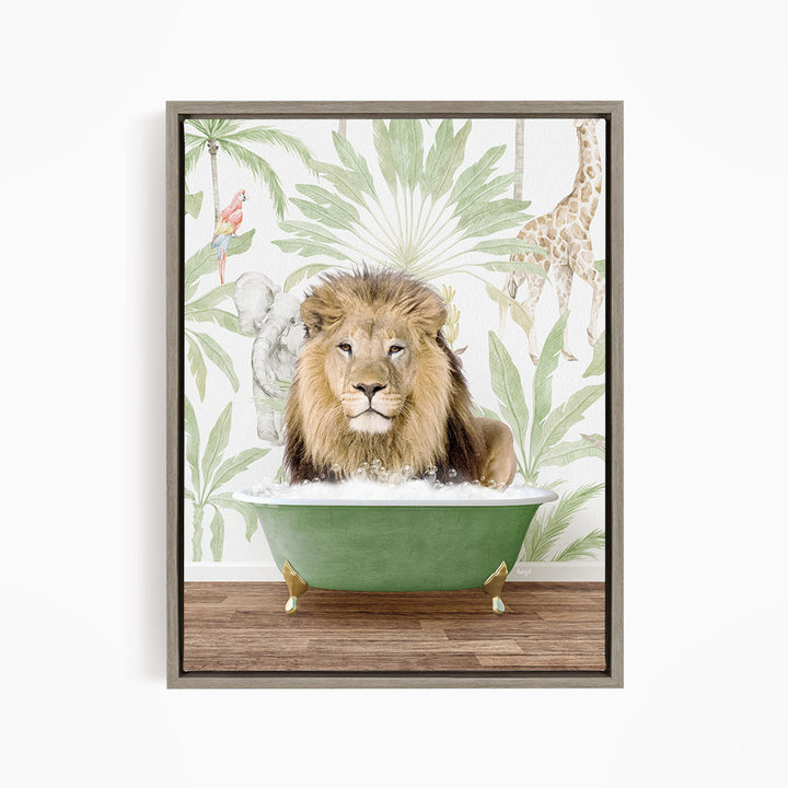 A lion is sitting in a green bathtub, surrounded by tropical foliage and a giraffe in the background.