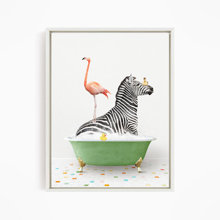 A zebra standing in a green bathtub, with a pink flamingo perched on its back, and a yellow rubber duck floating in the water.